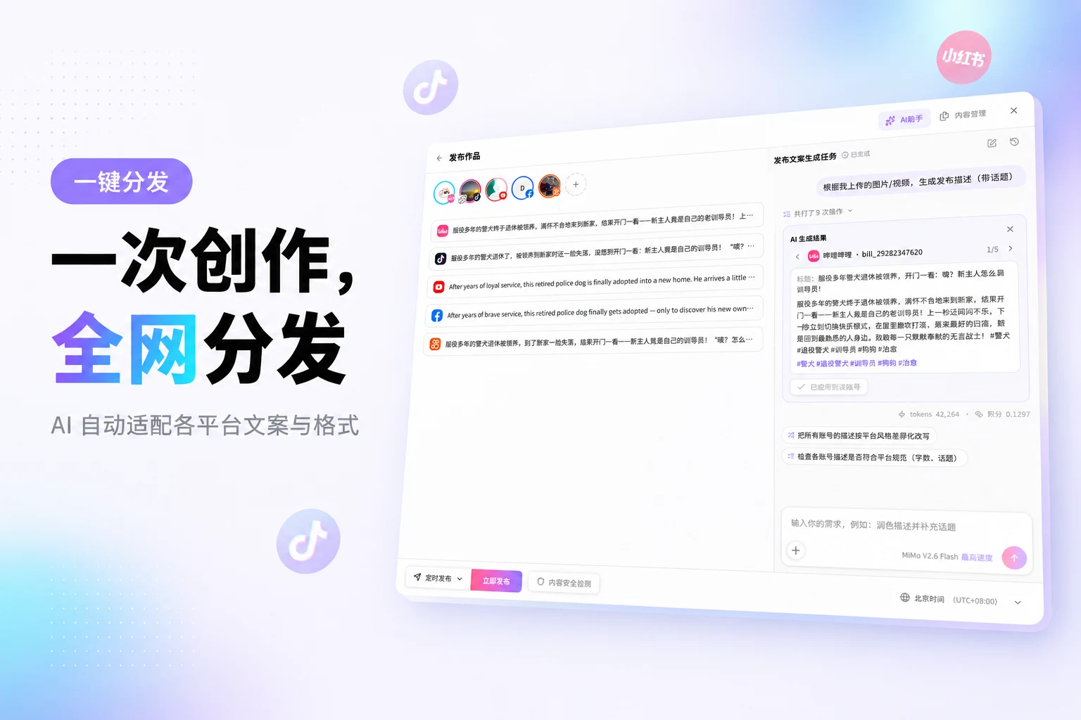 Publishing workspace: AI generates platform-specific copy for every channel
