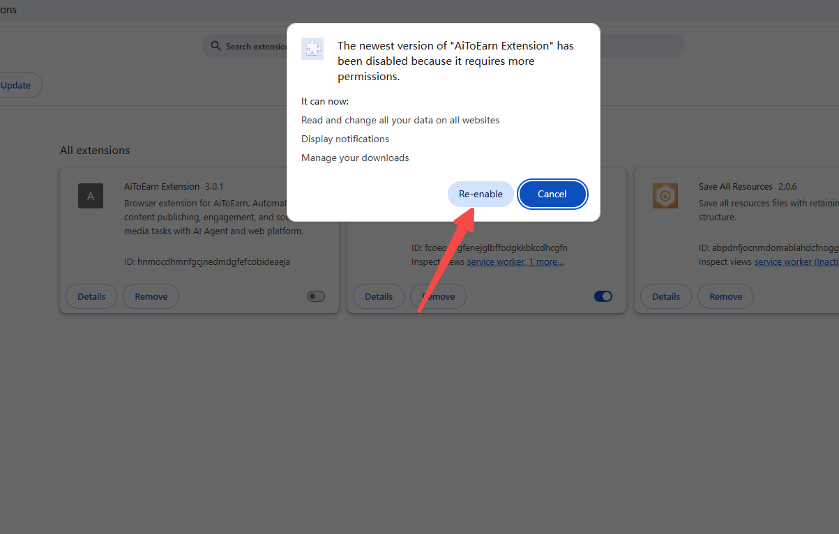 Click Re-enable to confirm the update